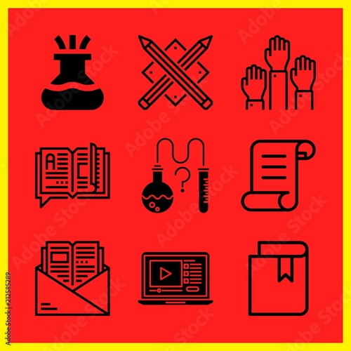 Simple 9 icon set of edication related science, flask, pencils and lecture vector icons. Collection Illustration