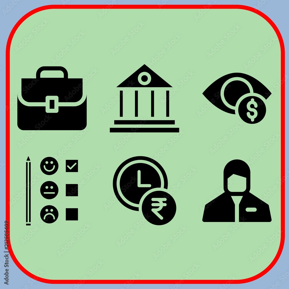 Simple 6 icon set of business related time is money, bank, dollar and engineer vector icons. Collection Illustration Simple 6 icon set of business related time is money, bank, dollar and engineer vector icons. Collection Illustration