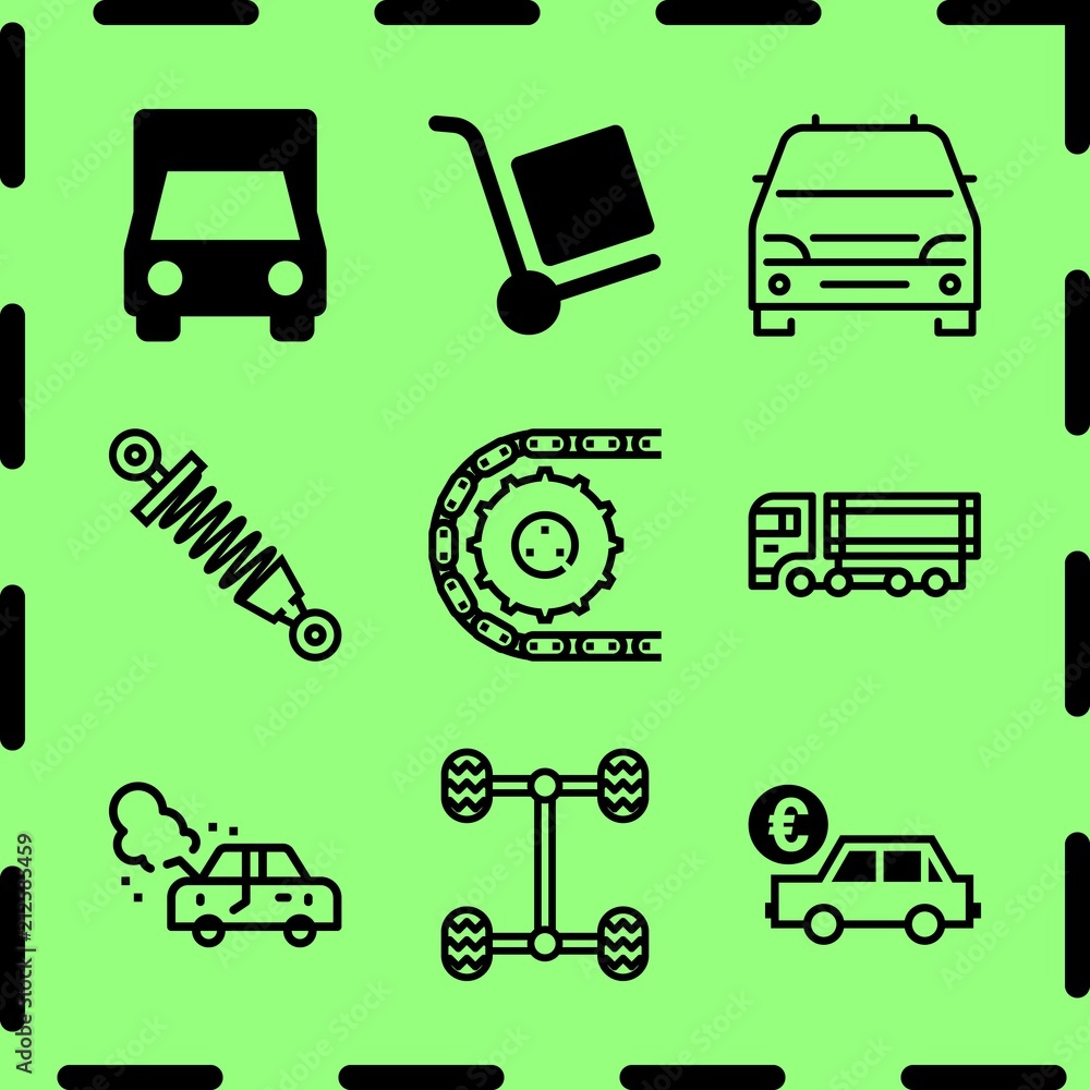 Simple 9 icon set of service related car parts, truck, minivan and car sale in euros vector icons. Collection Illustration Simple 9 icon set of service related car parts, truck, minivan and car sale in euros vector icons. Collection Illustration