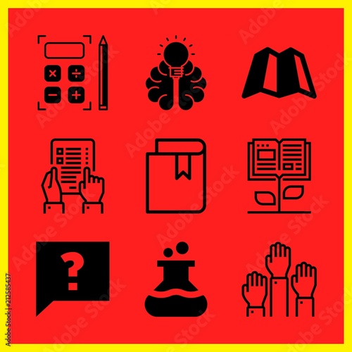 Simple 9 icon set of edication related flask, book, exam and open book vector icons. Collection Illustration