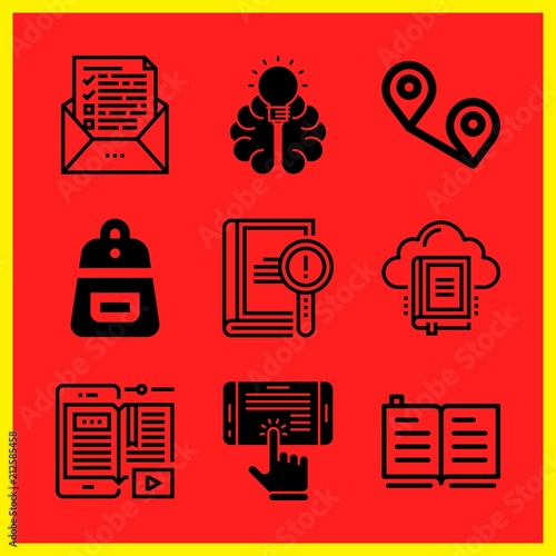 Simple 9 icon set of edication related library, knowledge, test and ebook vector icons. Collection Illustration