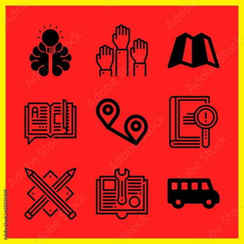 Simple 9 icon set of edication related distance, knowledge, open book and school bus vector icons. Collection Illustration