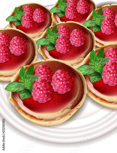 Raspberry mini cakes Vector realistic. Sweet tasty dessert. Menu template ban...