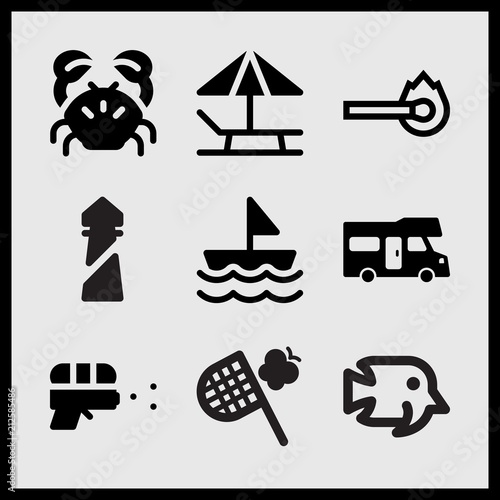 Simple 9 set of Summer related mobile home transport, sunbed, sea lighthouse and water gun vector icons