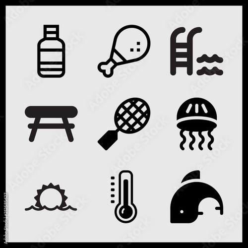 Simple 9 set of Summer related tennis, chicken leg, swimming pool and stair and sun rise vector icons