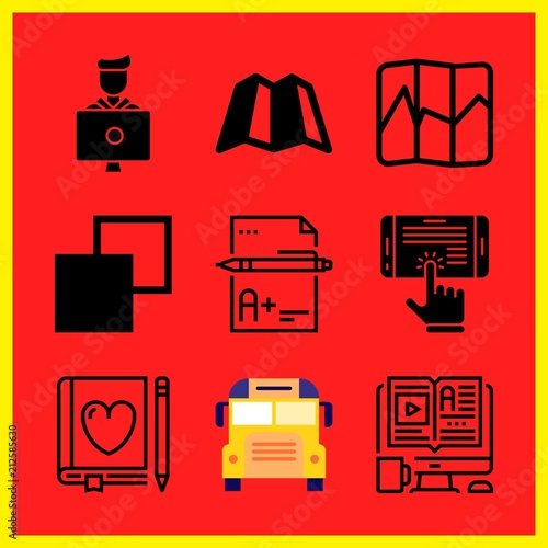 Simple 9 icon set of edication related map, student, elearning and exam vector icons. Collection Illustration
