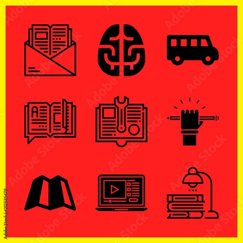 Simple 9 icon set of edication related open book, school bus, studying and brain vector icons. Collection Illustration