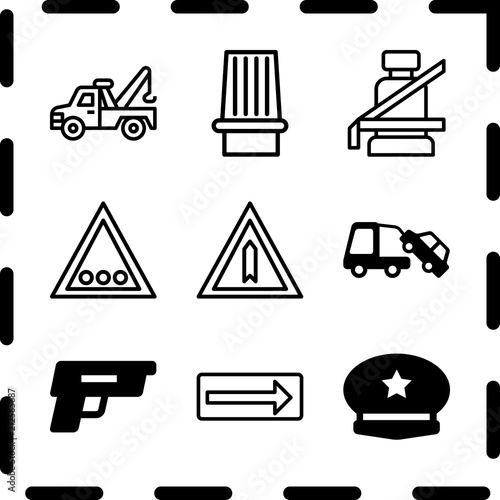 Simple 9 icon set of law related turn right, tow truck, traffic sign and siren vector icons. Collection Illustration