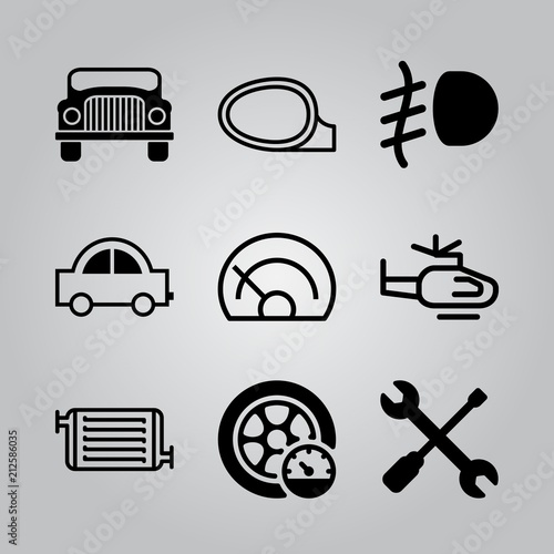 Simple 9 icon set of electronics related rolls royce luxury car front, small car, headlights and helicopter vector icons. Collection Illustration