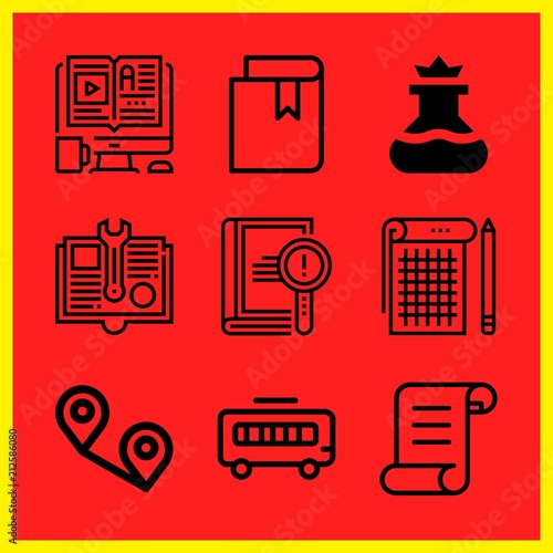 Simple 9 icon set of edication related flask, manual, book and distance vector icons. Collection Illustration