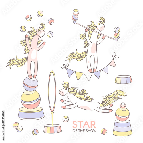 Star of the show. Hand drawn set of elements with cute pony character.