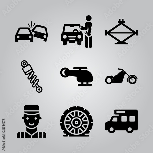 Simple 9 icon set of transport related car collision, car, helicopter and garage elevator vector icons. Collection Illustration