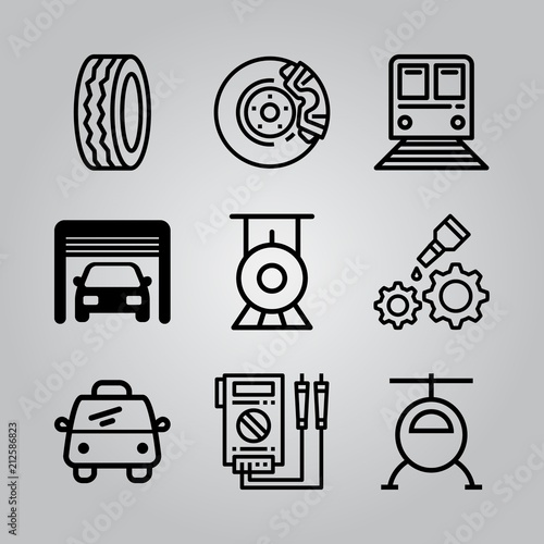 Simple 9 icon set of electronics related cogwheel, taxi, helicopter and car in garage vector icons. Collection Illustration