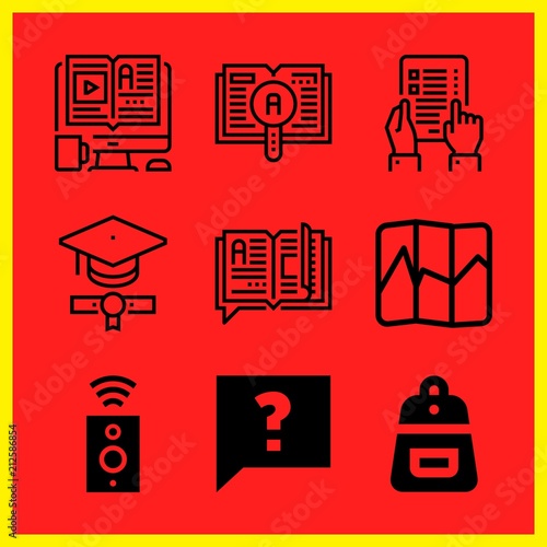 Simple 9 icon set of edication related elearning, faq, exam and backpack vector icons. Collection Illustration
