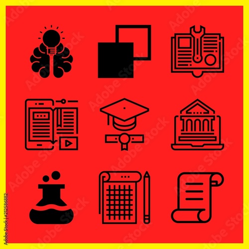 Simple 9 icon set of edication related notebook, flask, copy and graduation vector icons. Collection Illustration