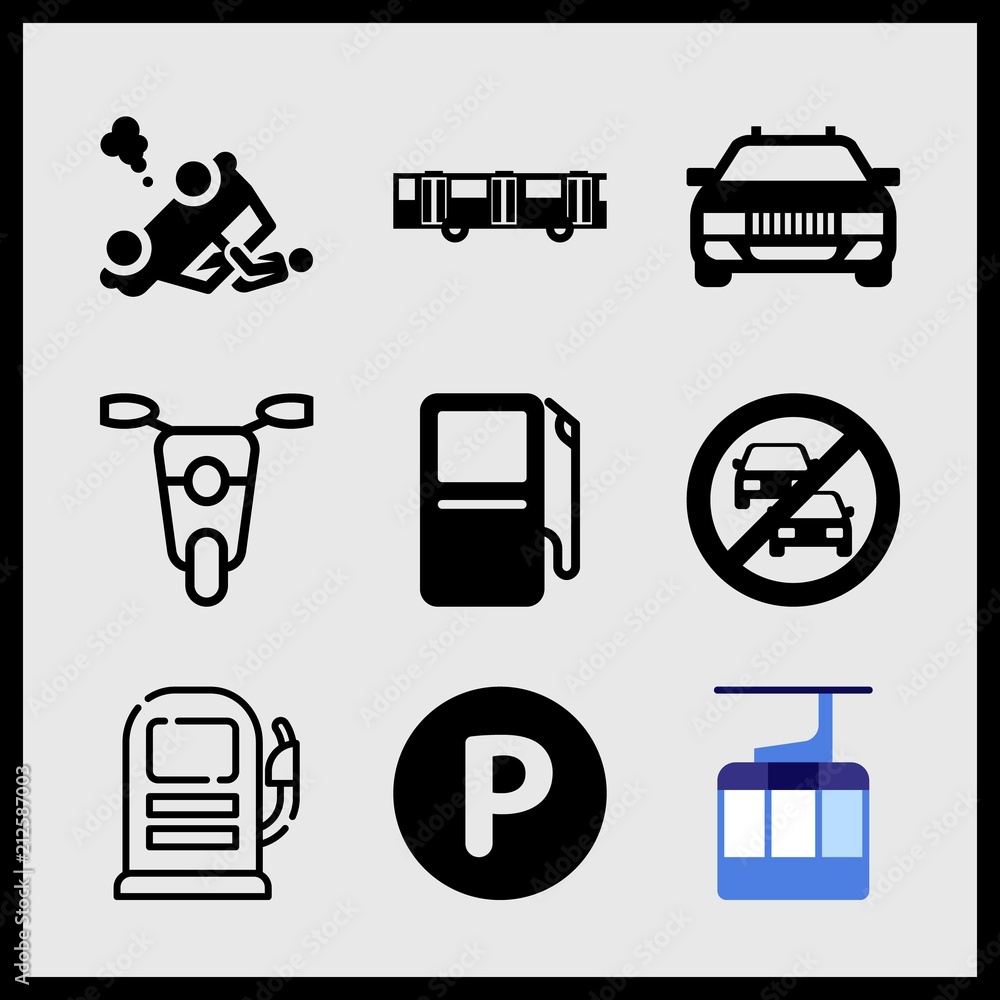 Simple 9 icon set of car related no parking sign, aerial tramway, tram and car front vector icons. Collection Illustration Simple 9 icon set of car related no parking sign, aerial tramway, tram and car front vector icons. Collection Illustration