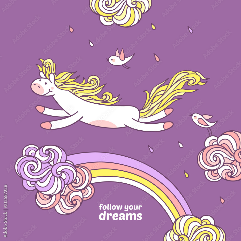 Dreams come true. Cute pony is jumping under a rainbow.
