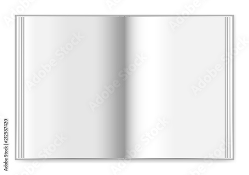 Hardcover book spread with blank pages top view