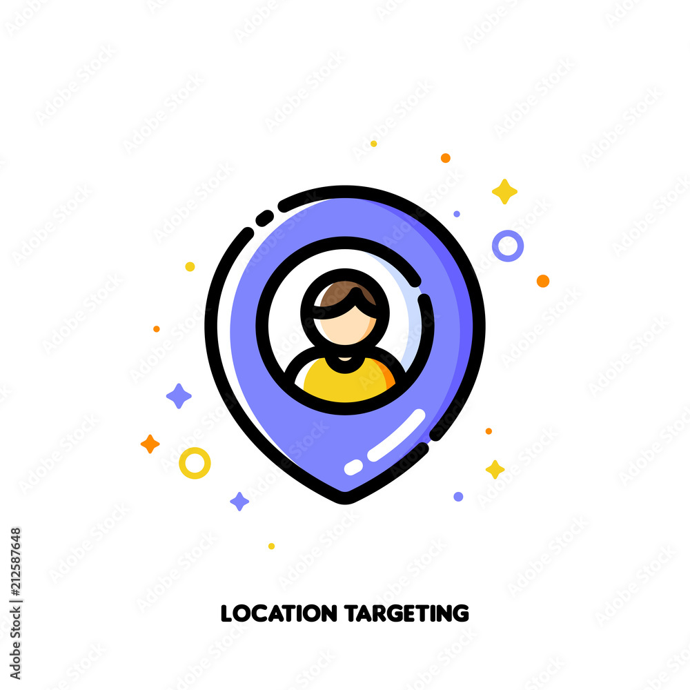 Location-based marketing concept of finding local businesses and services for targeting right customers. Icon of map pin. Flat filled outline style. Pixel perfect 64x64. Editable stroke