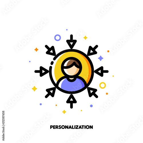 Personalization of social media marketing. Icon with abstract user avatar and arrows. Flat filled outline style. Pixel perfect 64x64. Editable stroke photo