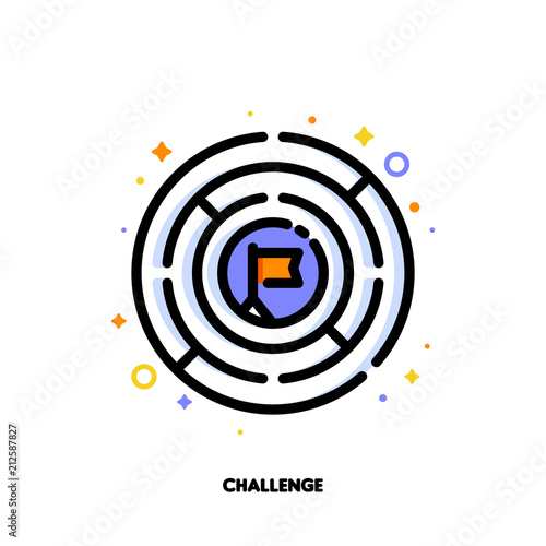 Icon of round labyrinth or maze for business challenge concept. Flat filled outline style. Pixel perfect 64x64. Editable stroke