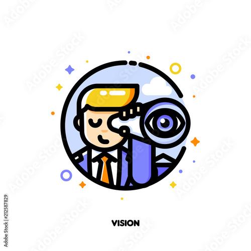 Icon of businessman looking through telescope for business vision concept. Flat filled outline style. Pixel perfect 64x64. Editable stroke