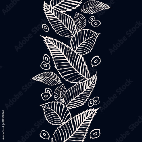 Vector seamless border with beech and elm leaves and seeds for season design.