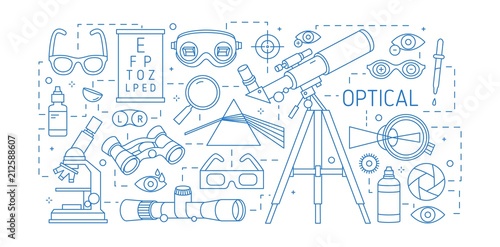 Horizontal banner with various optical devices, dispersive prism, glasses, human eye, optic lenses drawn with contour lines on white background