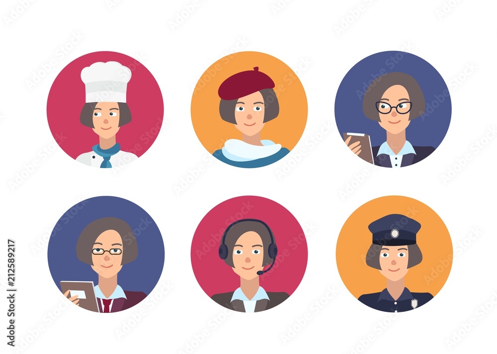 Bundle of round portraits of happy people of different professions. Collection of cute female cartoon characters of various occupations inside circular frames. Vector illustration in flat style.