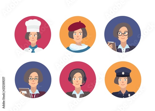 Bundle of round portraits of happy people of different professions. Collection of cute female cartoon characters of various occupations inside circular frames. Vector illustration in flat style.