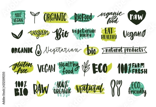 Collection of organic labels with handwritten lettering for natural and eco products, healthy vegetarian food. Set of tags isolated on white background. Colored hand drawn vector illustration.