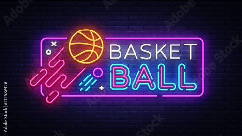 Basketball neon sign vector. Basketball Design template neon sign, light banner, neon signboard, nightly bright advertising, light inscription. Vector illustration