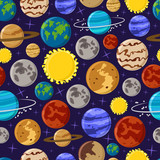 Solar system vector seamless pattern on a blue background for wallpaper, wrapping, packing. Cartoon planet texture and backdrop.