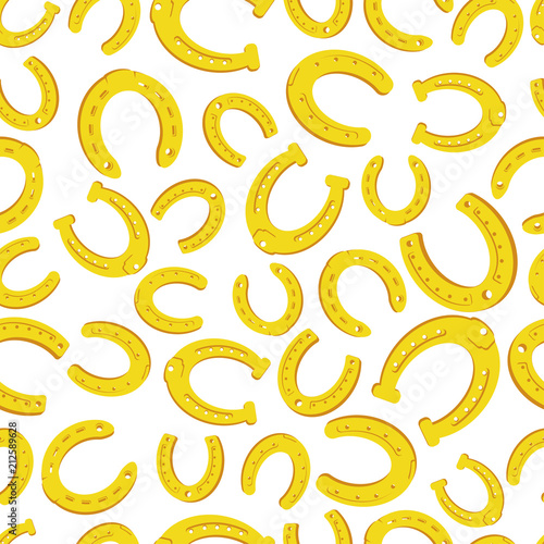 Cartoon gold horseshoe vector seamless pattern on a white background for wallpaper, wrapping, packing, texture and backdrop.
