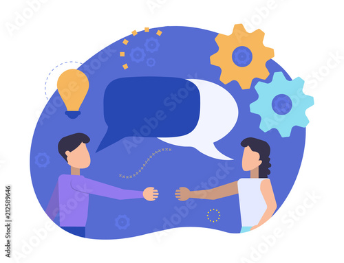 Man and woman are meeting each other to shake hands. Partners communicate and talking. Businessmen discuss, news, social networks, chat, dialogue speech bubbles. Vector illustration of the characters.