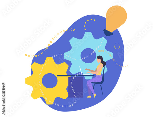Girl working on laptop. Creates a business project. Business lady sits on a chair at the table and prints on the keyboard. Job in the office. Implement Creative Idea. Vector illustration character