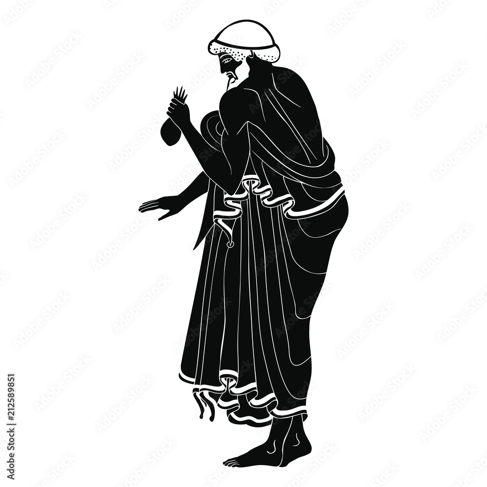 Ancient Greek man carries a bag of money in his hands. Isolated black drawing on a white background.