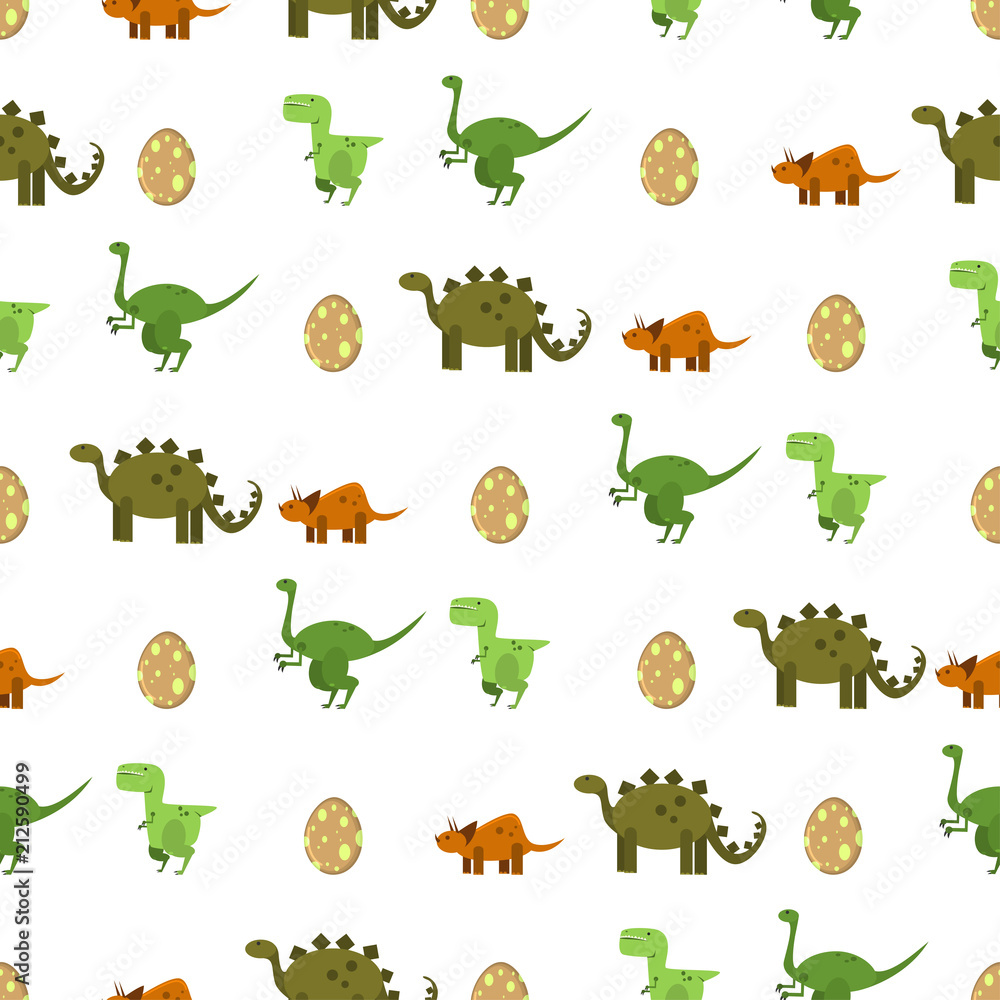 Obraz premium Flat dinosaurs and egg vector seamless pattern on a white background. Texture for print wallpaper, wrapping, packing and backdrop.