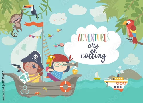 Obraz mali piraci żeglujący swoim statkiem