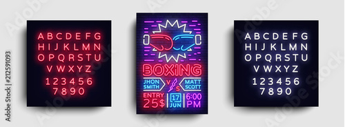 Boxing Flyer design template. Boxing night Light Banner, Design Boxing Match Invitation, Neon Style, Bright Brochure, Typography, Bright Neon Advertising. Vector illustration. Editing text neon sign