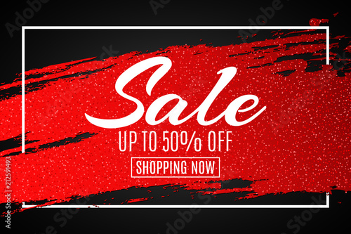 Web banner for sale. Red grunge line with glitters in frame. Black background. Big discounts. Special offer. Background for your project. Vector illustration