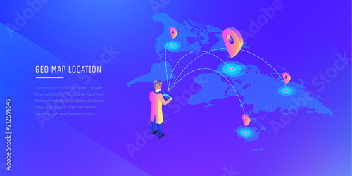 A man with a wireless remote control interacts with locations on the world map. Global communications. World map. Modern vector illustration isometric style on ultraviolet background