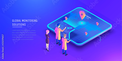 Global monitoring system. People at the control desk interact with global monitoring systems. Virtual world map. Modern vector illustration isometric style.