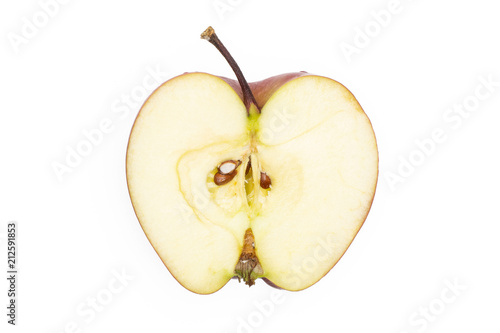 Red delicious apple one section half flatlay isolated on white background.