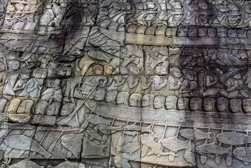 Bas relief sculpture, elephant charging into battle between the Cham and Khmer. Bayon Temple, Angkor Thom, photo