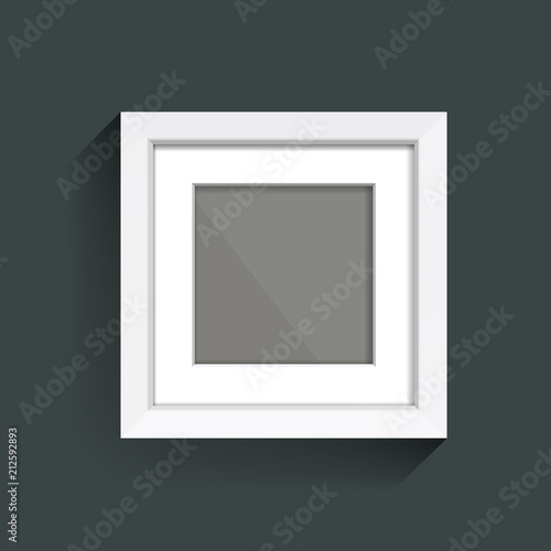 Photoframe mock up on the wall. Simple white empty framing. Template for poster, picture, painting. Vector.