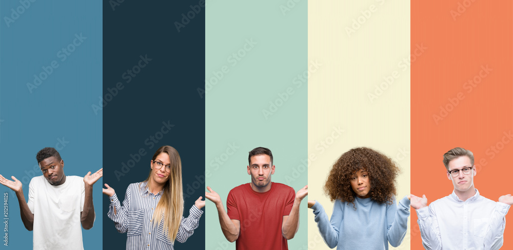 Group of people over vintage colors background clueless and confused expression with arms and hands raised. Doubt concept.