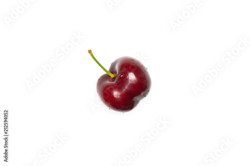 One whole sweet bright red cherry flatlay isolated on white...........................................................................