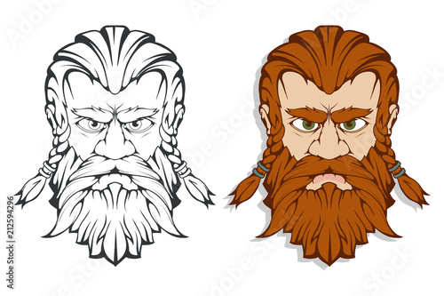 Scandinavian god of thunder and storm. Hand drawing of Thor's Head. The hammer of Thor - mjolnir. Son of Odin. Cartoon bearded man character. Norse mythology. Vector graphics to design