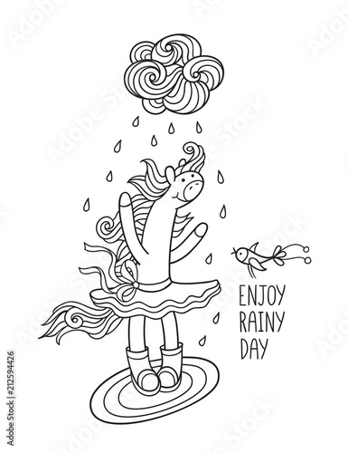 Enjoy rainy day. Cute animal character for kids design.